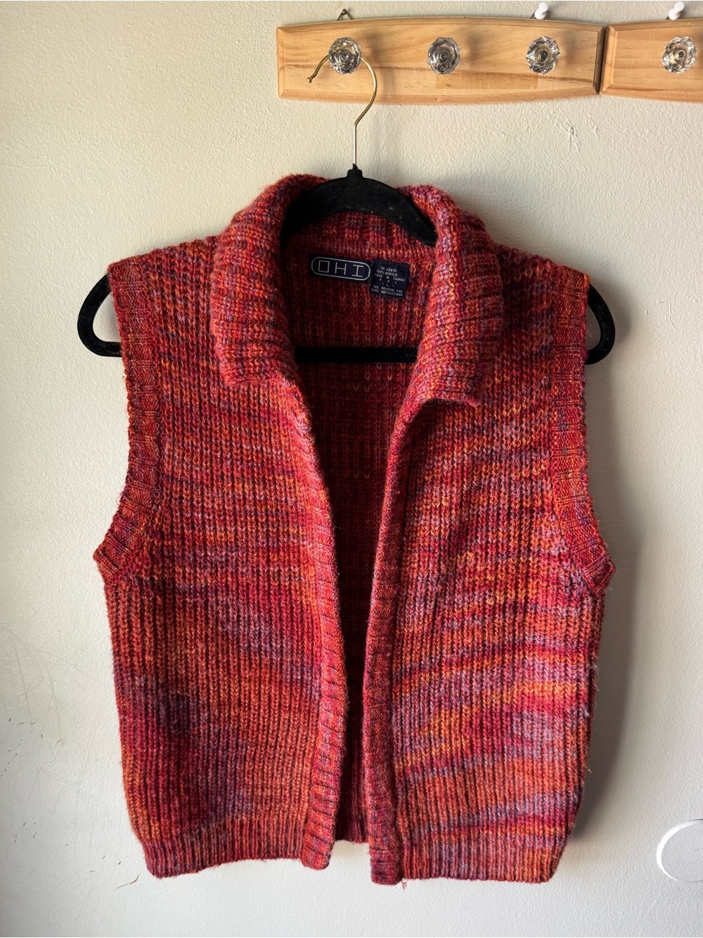 Vintage OHI Space Dye Ribbed Sweater Vest Open Front Large Orange Purple
